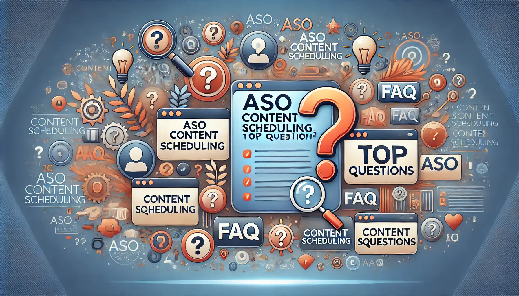 Illustration of addressing top questions related to ASO content scheduling with a digital interface, question marks, and symbols of inquiry