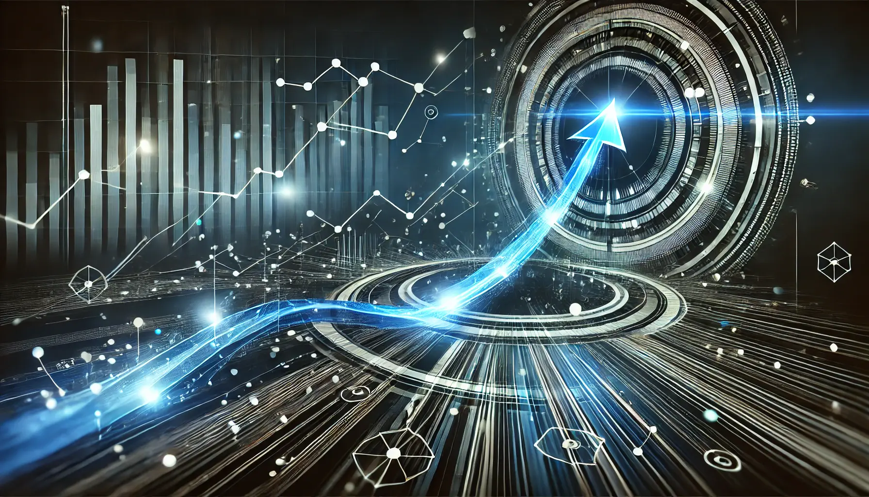 Abstract representation of scaling success in enterprise apps with futuristic elements, digital growth charts, and an ascending arrow symbolizing growth and optimization.