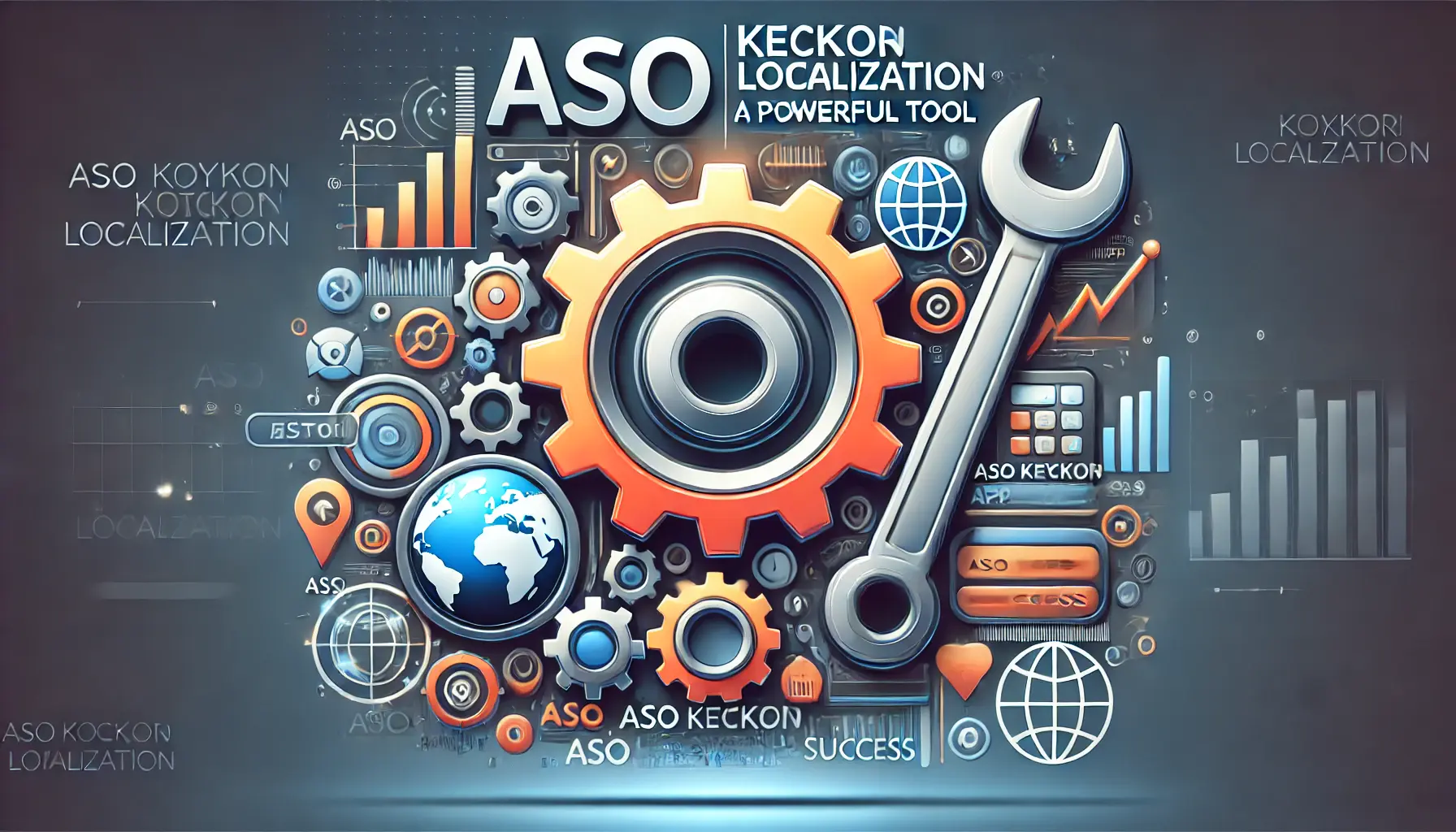 Large gear symbolizing strength and precision, and a globe representing global reach, emphasizing ASO keyword localization as a powerful tool.