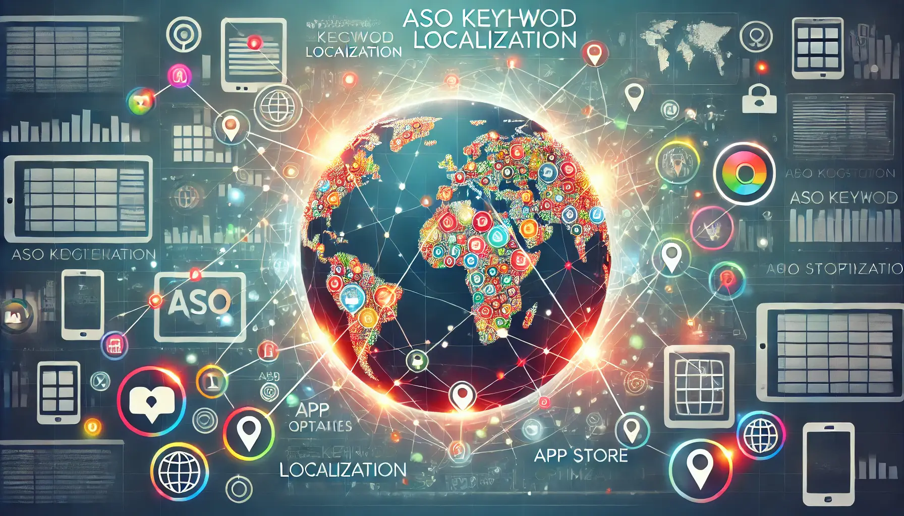 Global connections representing app store optimization and localization for mobile apps, with a world map and subtle mobile device icons.