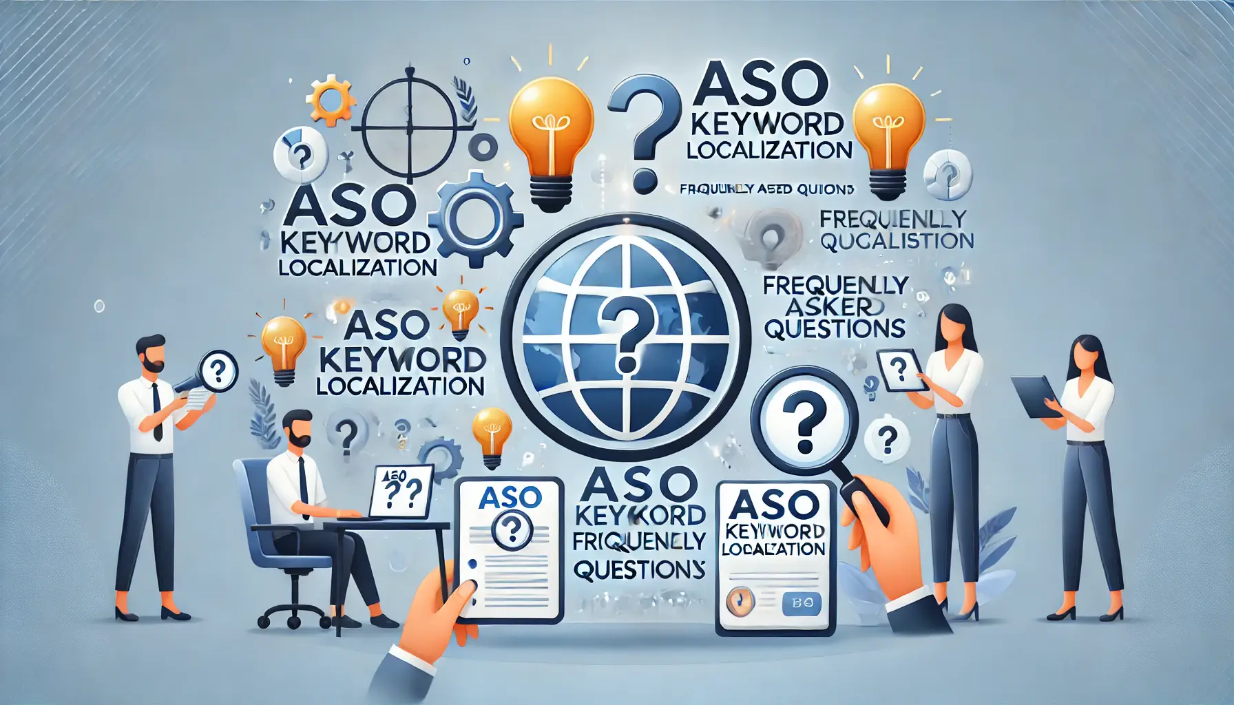 Question marks and lightbulbs symbolizing questions and ideas, with a globe indicating global relevance, emphasizing the concept of addressing common inquiries related to ASO keyword localization.