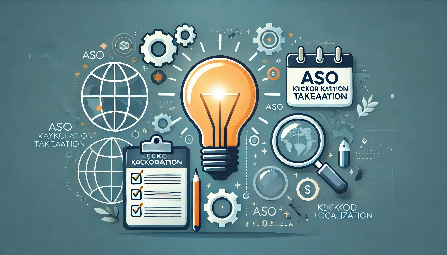 Lightbulb symbolizing ideas, a checklist indicating key points, and a globe or world map conveying global relevance in ASO keyword localization.