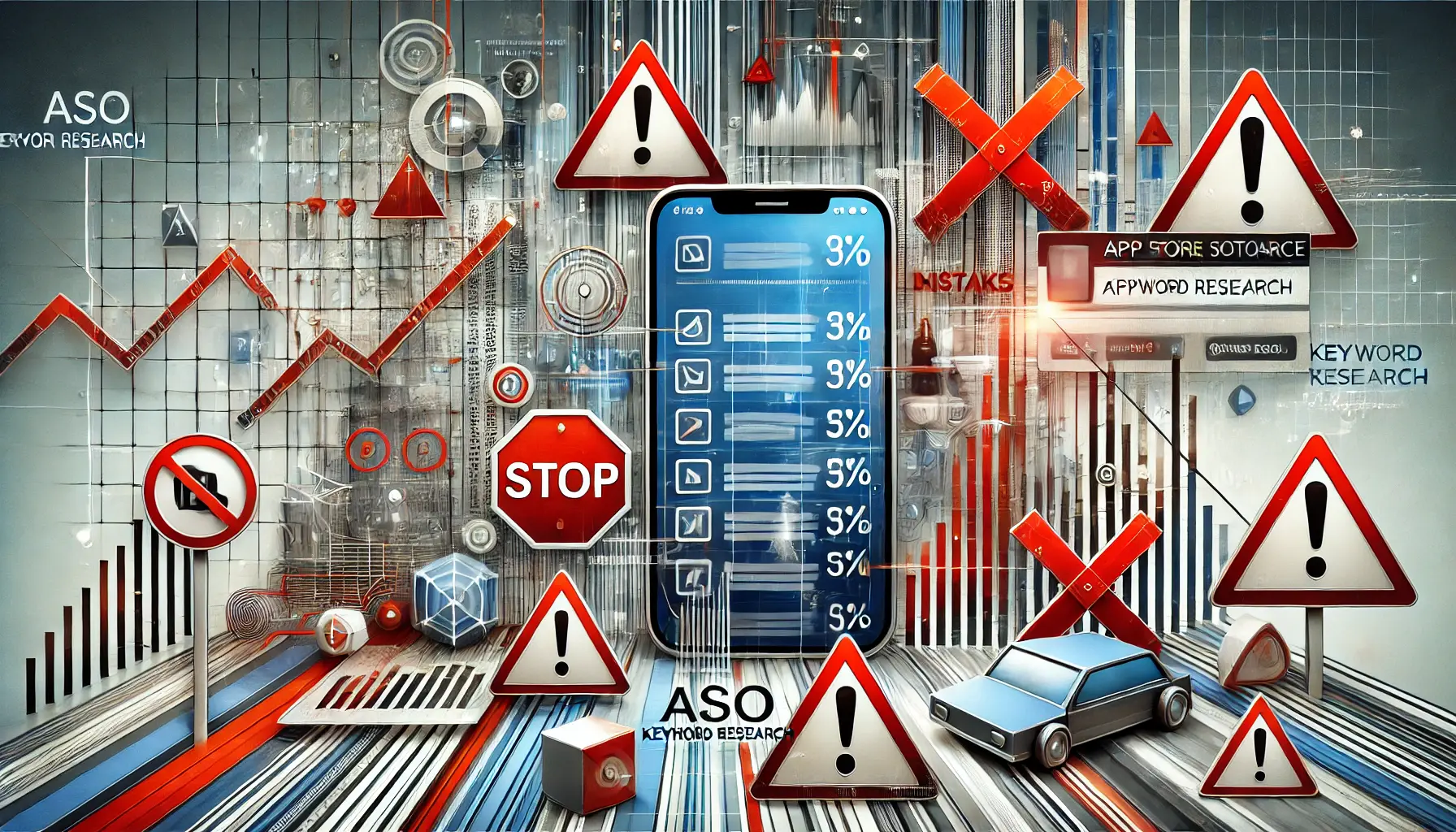 Abstract depiction of common mistakes in ASO keyword research, featuring warning signs and error indicators on a mobile app interface