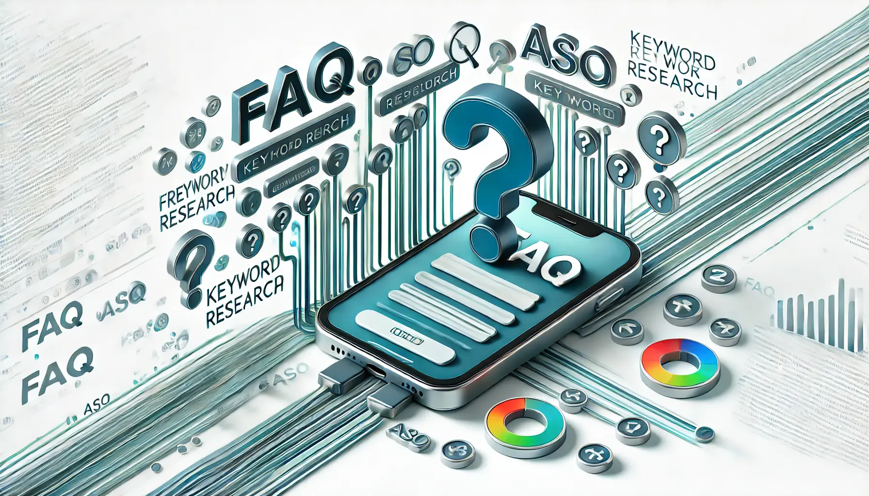 Abstract representation of an FAQ section for ASO keyword research, featuring a mobile device with question marks and data flow