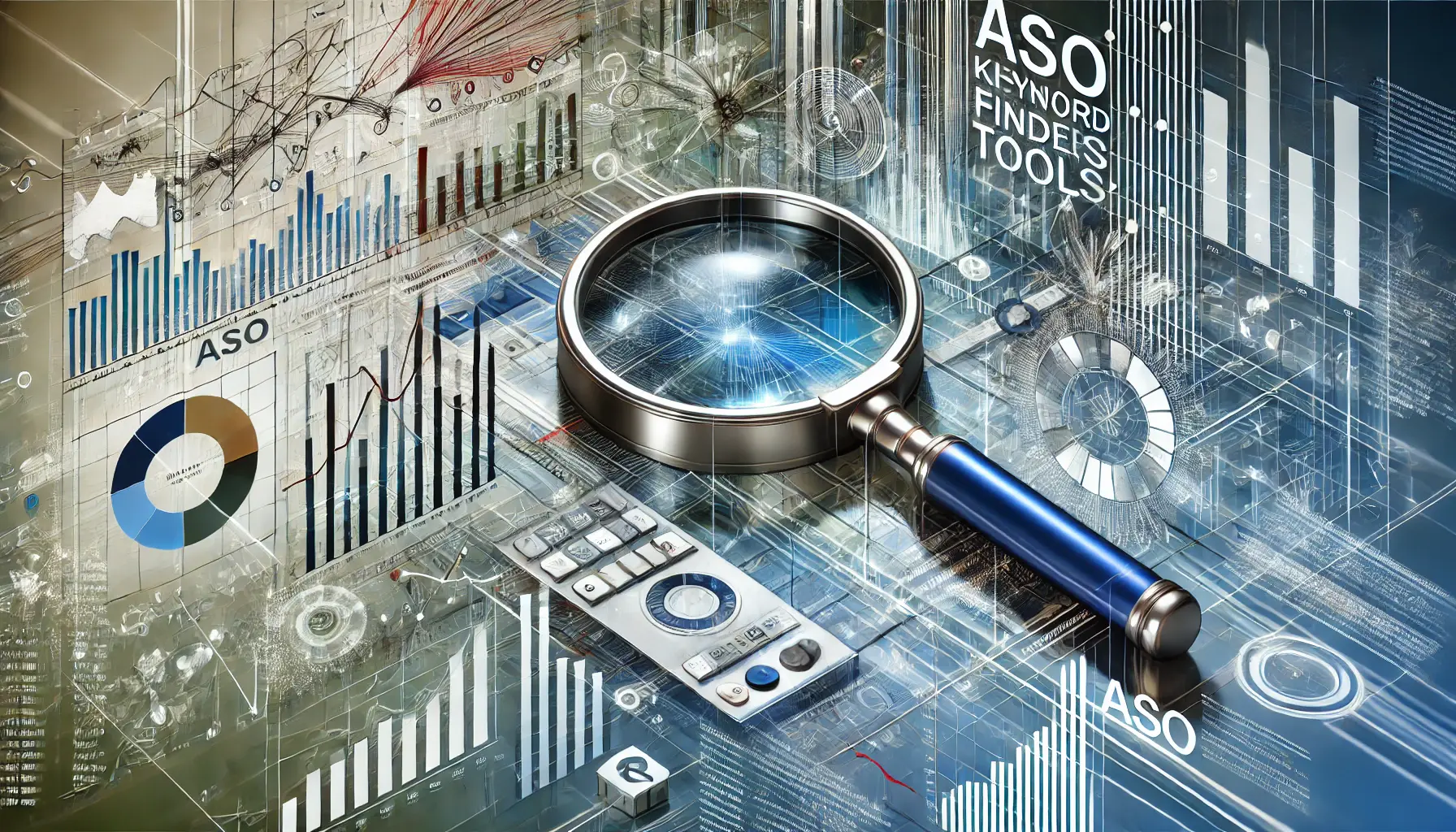 Abstract representation of ASO keyword finder tools, featuring data analytics elements like graphs and mobile devices displaying keyword search results