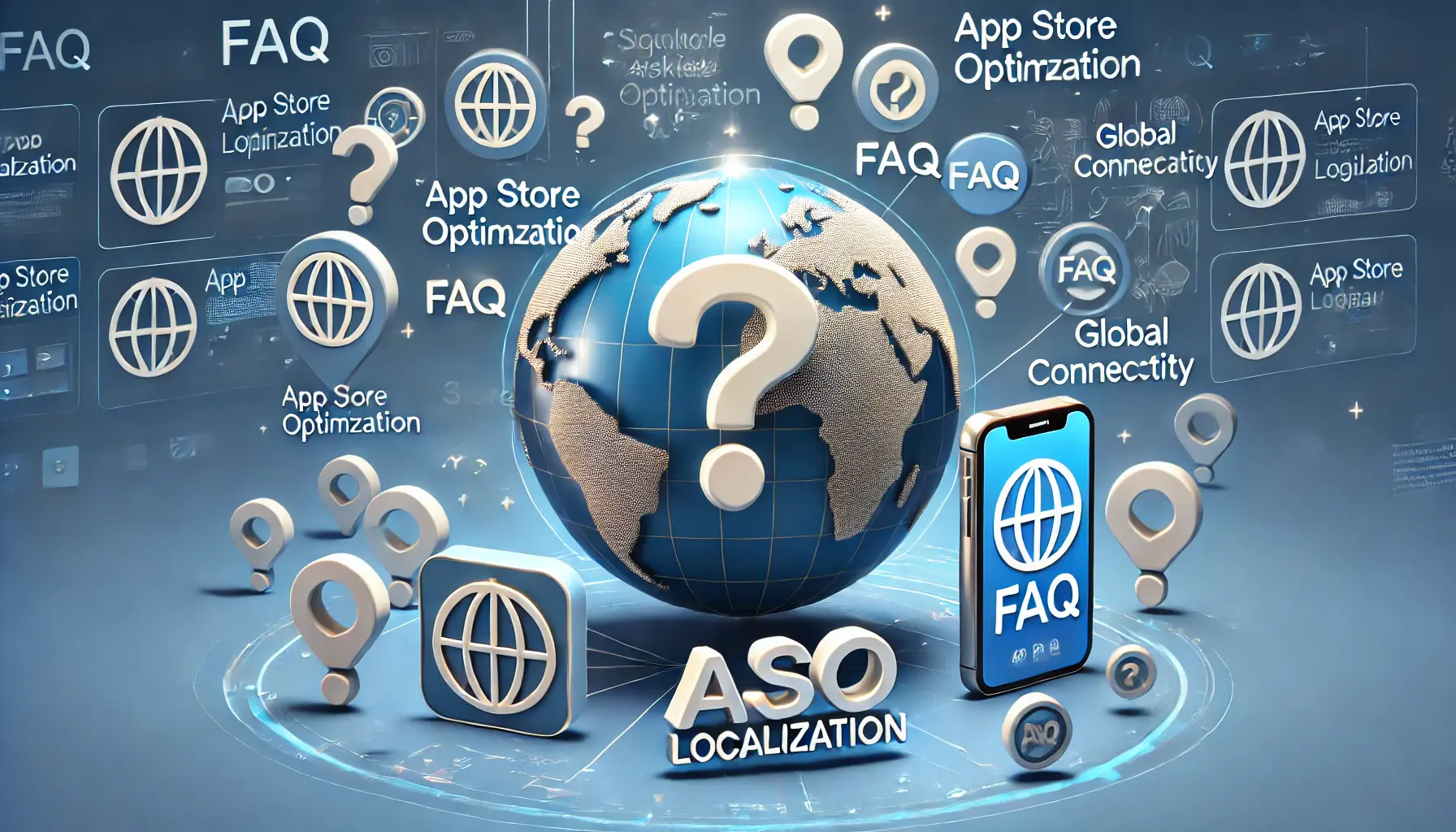 A globe surrounded by question marks and mobile phones displaying localized app interfaces for different regions, with subtle app store optimization icons in the background.