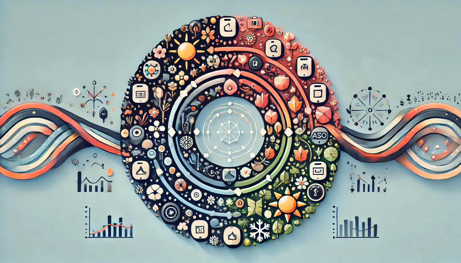 A circular or wave-like pattern of app icons transitioning through four seasons, symbolized by flowers, sun, leaves, and snowflakes, integrated with ASO elements.