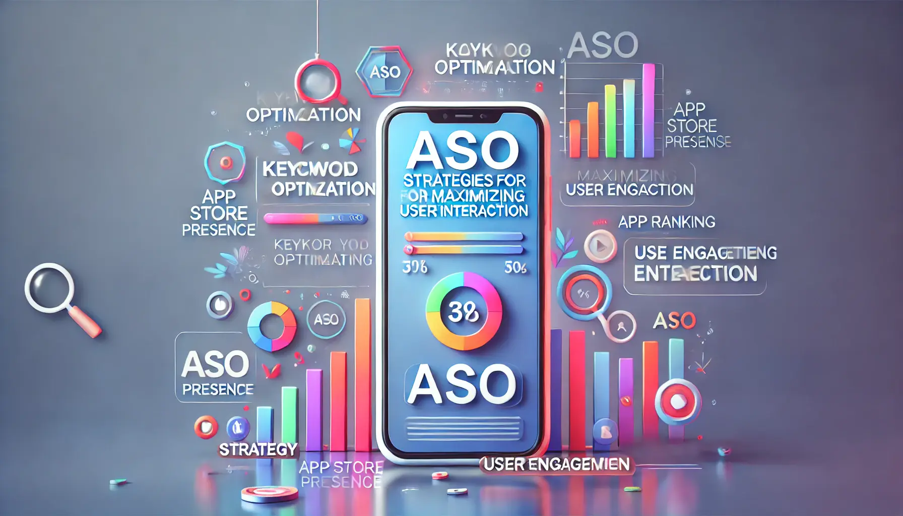 A smartphone displaying ASO elements like keyword optimization and user engagement metrics, set against an abstract background symbolizing strategy and optimization.