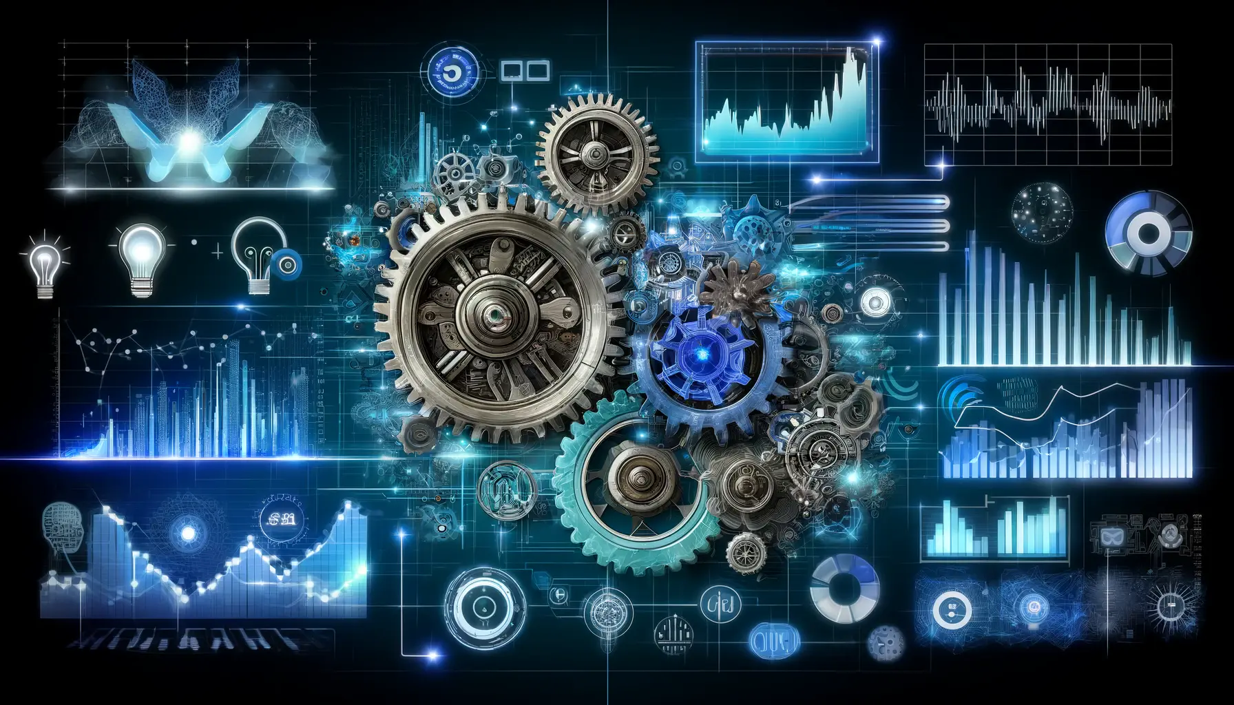 Digital illustration showing gears, data flows, and AI systems being monitored and optimized with abstract tools and performance metrics, symbolizing the continuous improvement of automation.