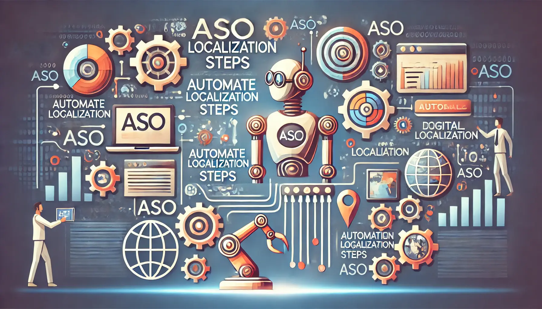 Gears, robotic arms, and digital workflows symbolizing automation and efficiency in the localization process with a global aspect.