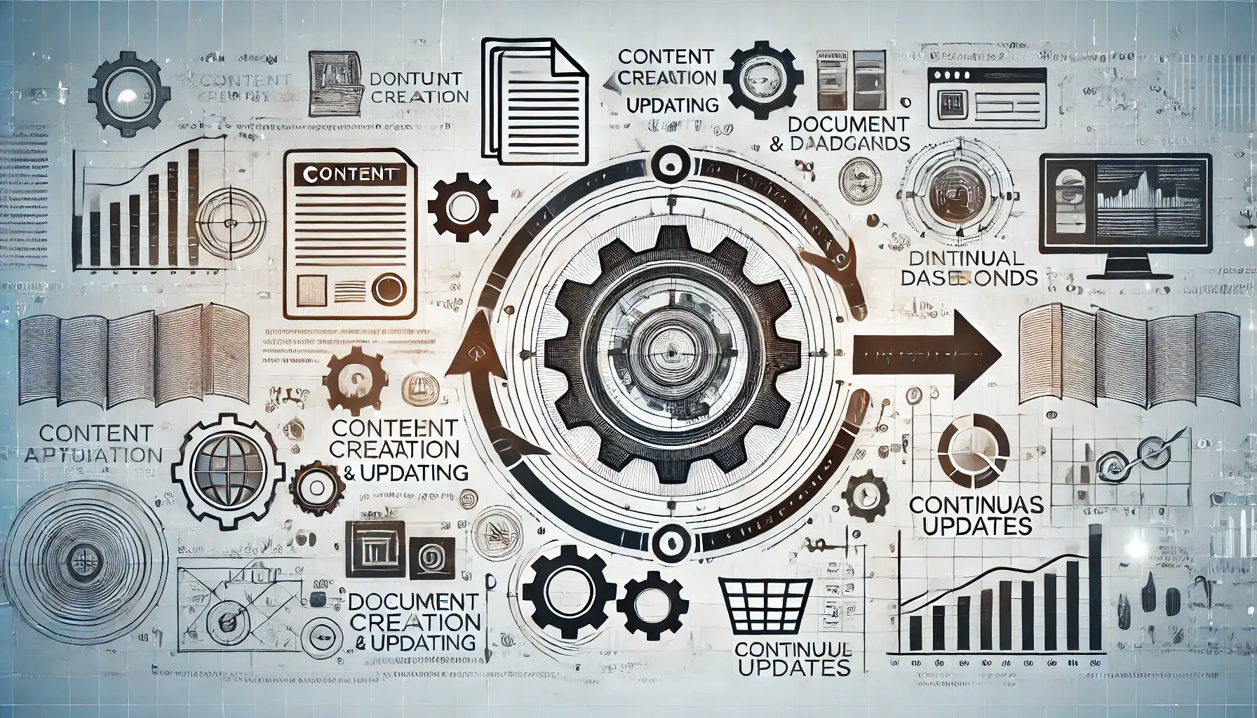 An image showing gears, document pages, and dashboards symbolizing the automation of content creation and continuous updating.