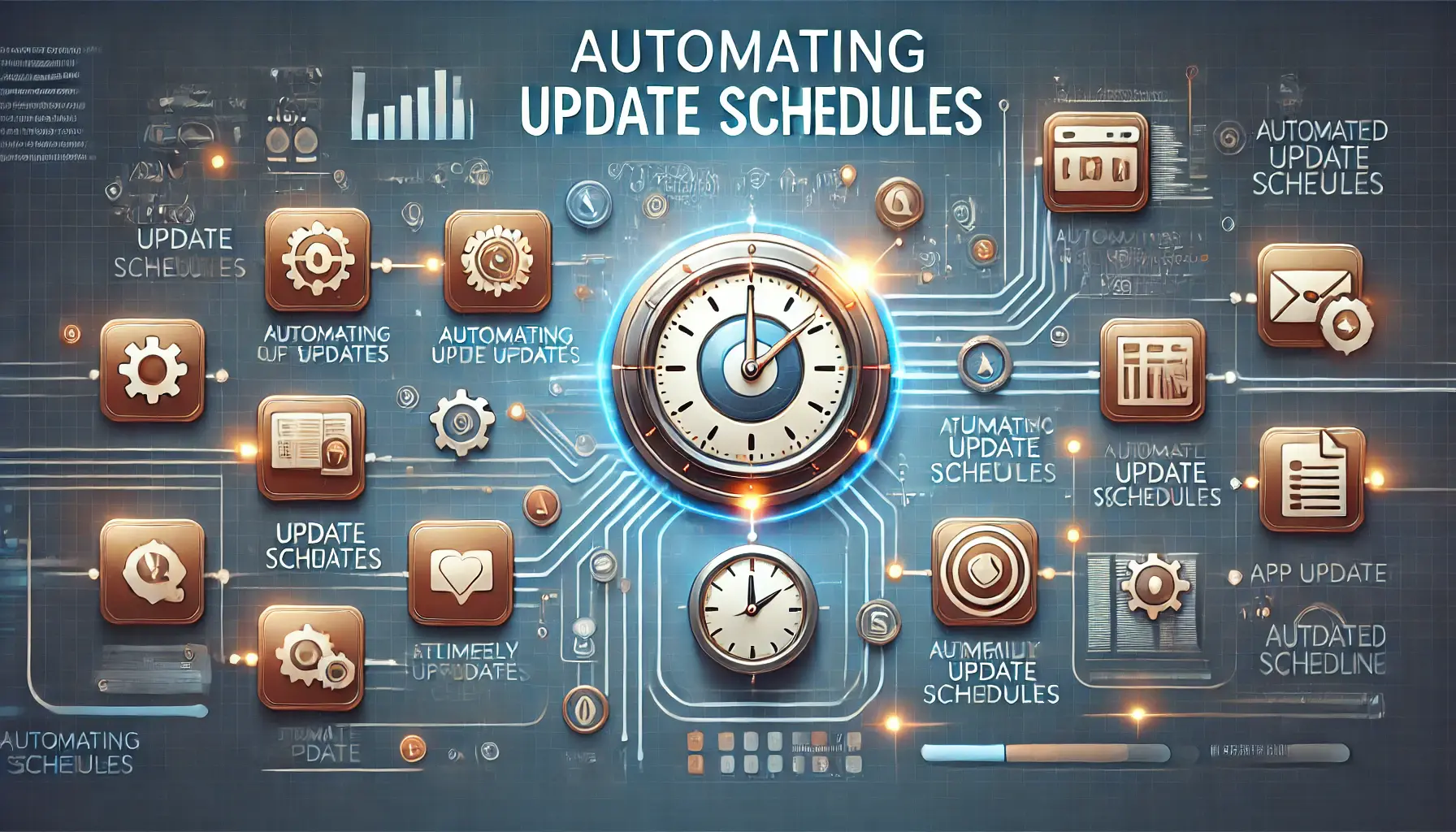 Illustration of automating app update schedules with a digital interface, clock symbol, and app icons on a timeline