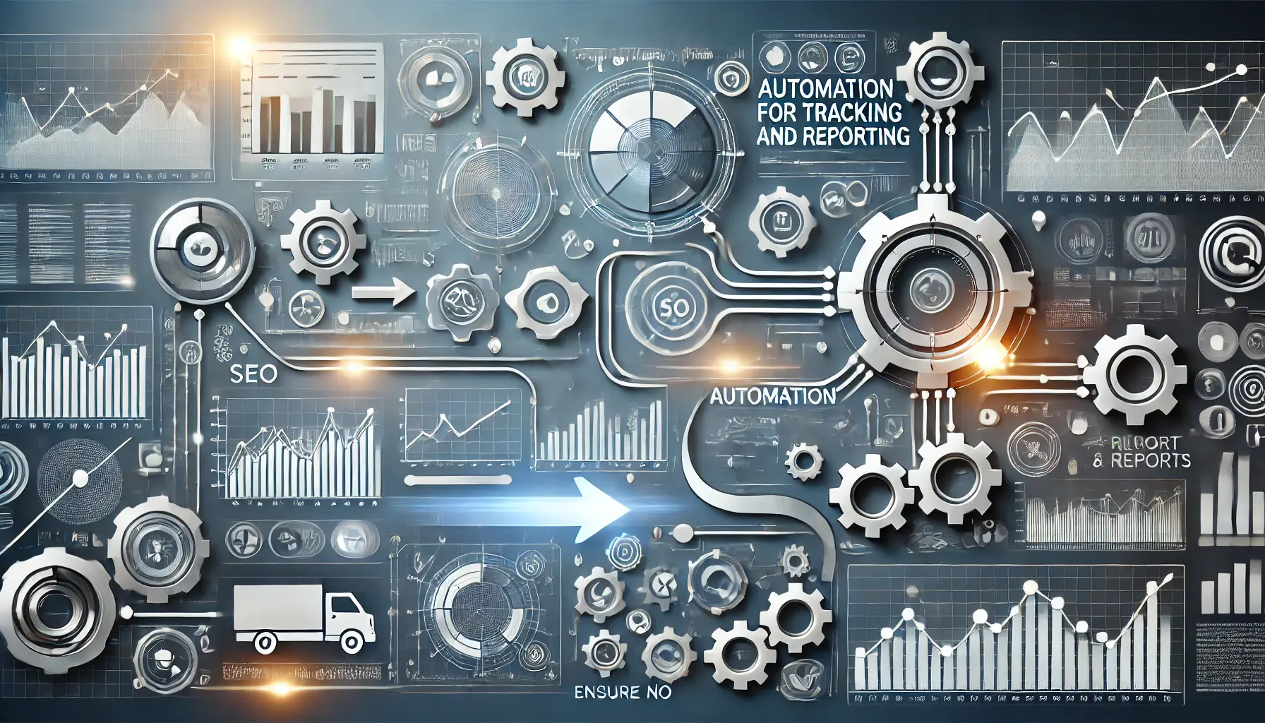 An image representing automated tracking and reporting with charts, graphs, gears, and dashboards symbolizing data flow and report generation.