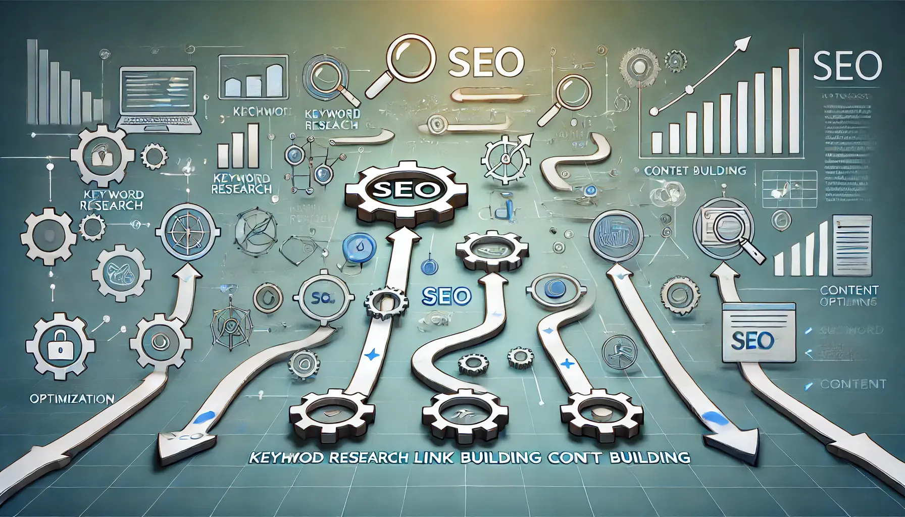 An image illustrating step-by-step automation of SEO tasks with icons like gears, magnifying glasses, and digital graphs connected by arrows in a sequential flow.