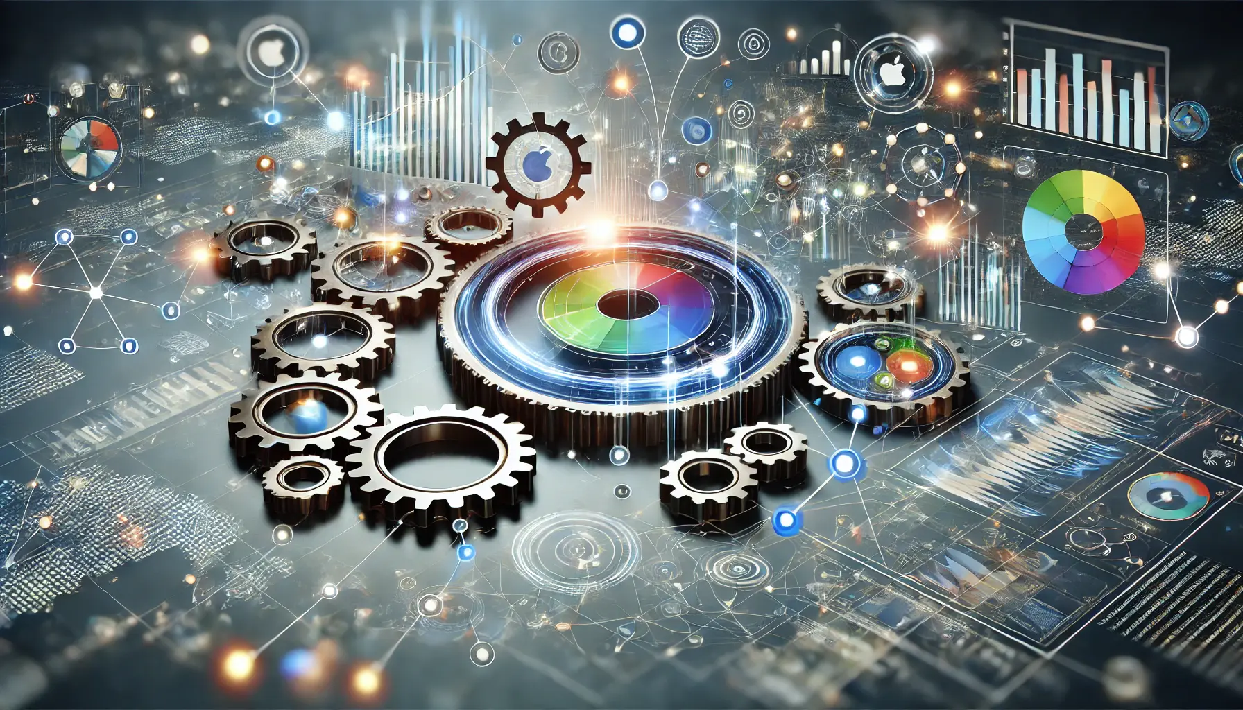 Abstract representation of automation tools with interconnected gears, flowing data streams, and network nodes symbolizing efficiency in campaign management.