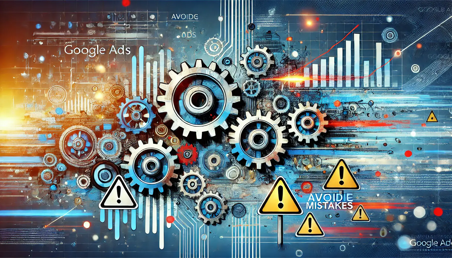 Digital illustration showing gears and data streams encountering obstacles, representing common mistakes to avoid in Google Ads automation, with warning elements like glitches or bottlenecks.