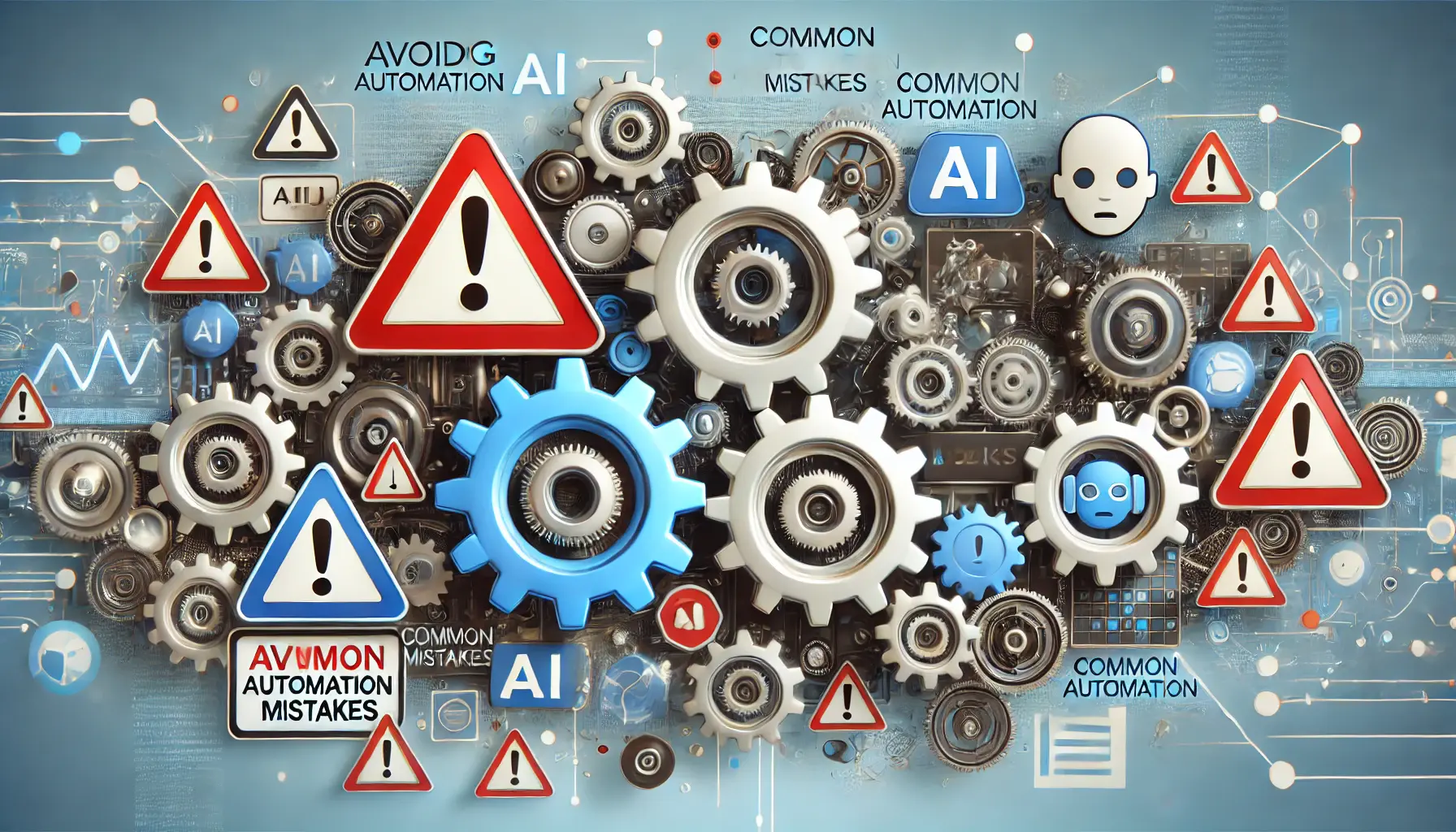 Digital illustration showing gears and AI systems running smoothly, with warning signs symbolizing potential pitfalls and caution in avoiding common automation mistakes.