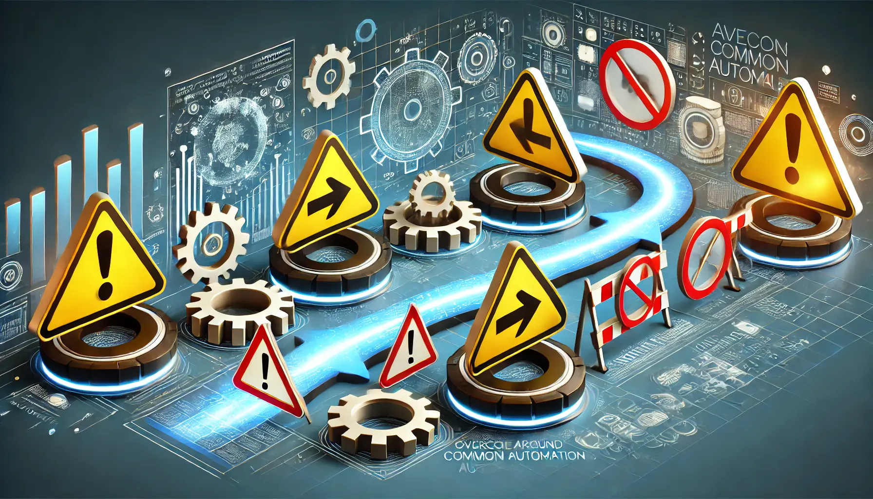 An image showing warning signs, gears, and dashboards encountering barriers, with arrows rerouting around obstacles, symbolizing overcoming challenges in SEO automation.