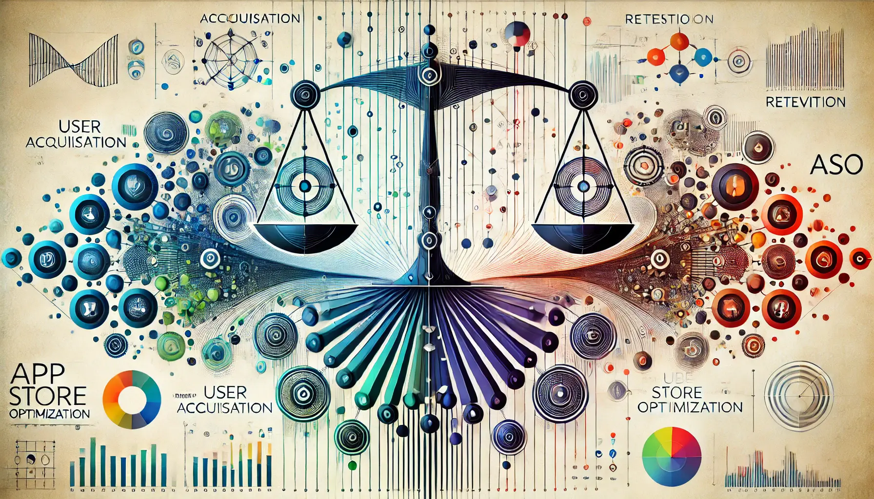 Abstract representation of balancing user acquisition and retention in mobile apps, featuring symmetrical shapes and growth elements.