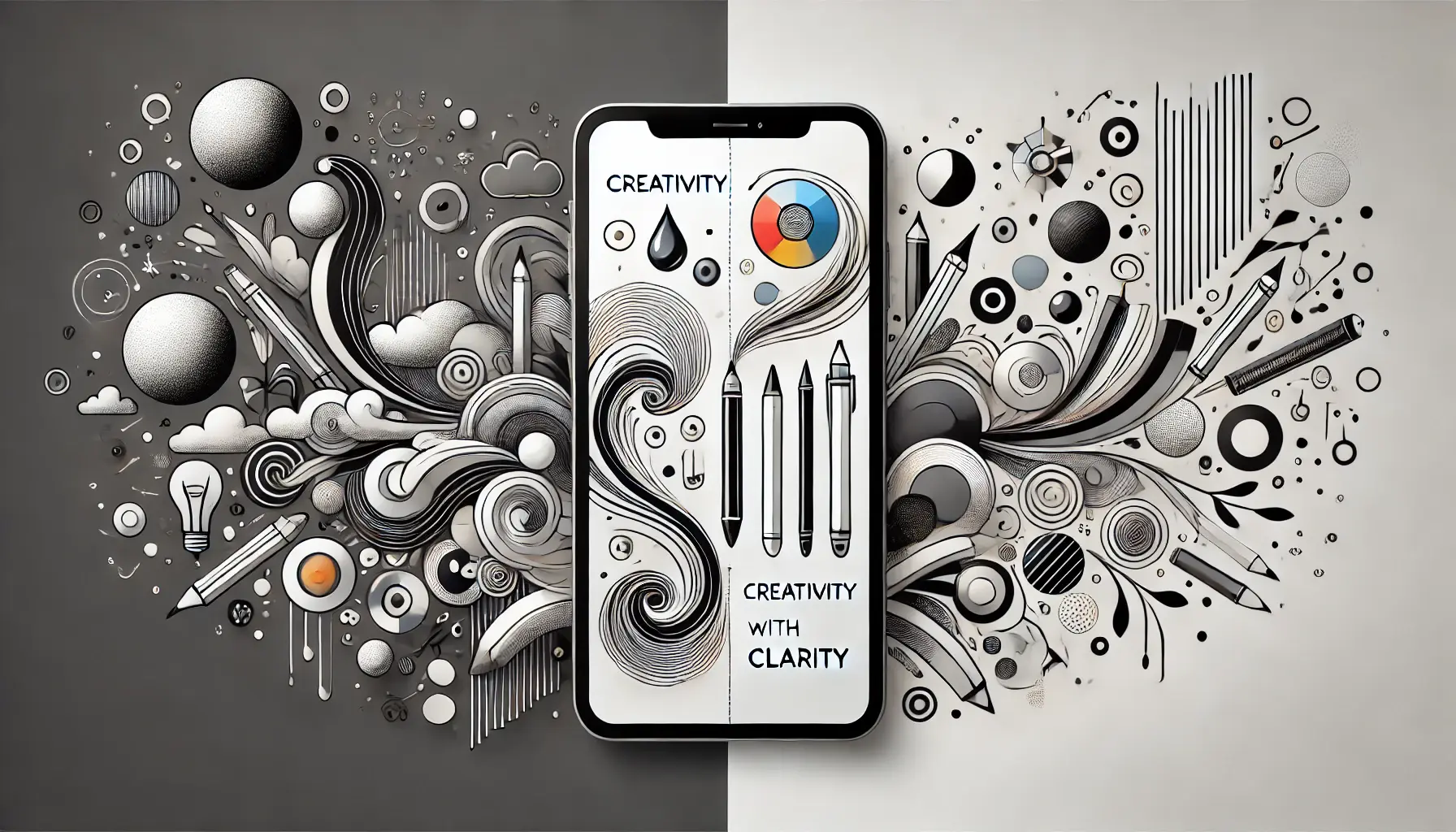 An image of a smartphone with abstract artistic elements on one side representing creativity and clean, organized elements on the other side representing clarity, both flowing together into the device.