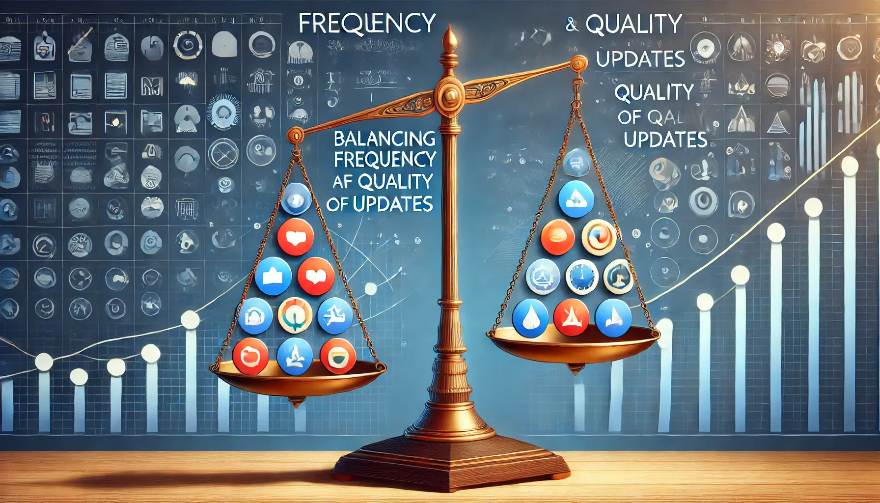 Illustration of balancing app update frequency with quality using a scale and app icons