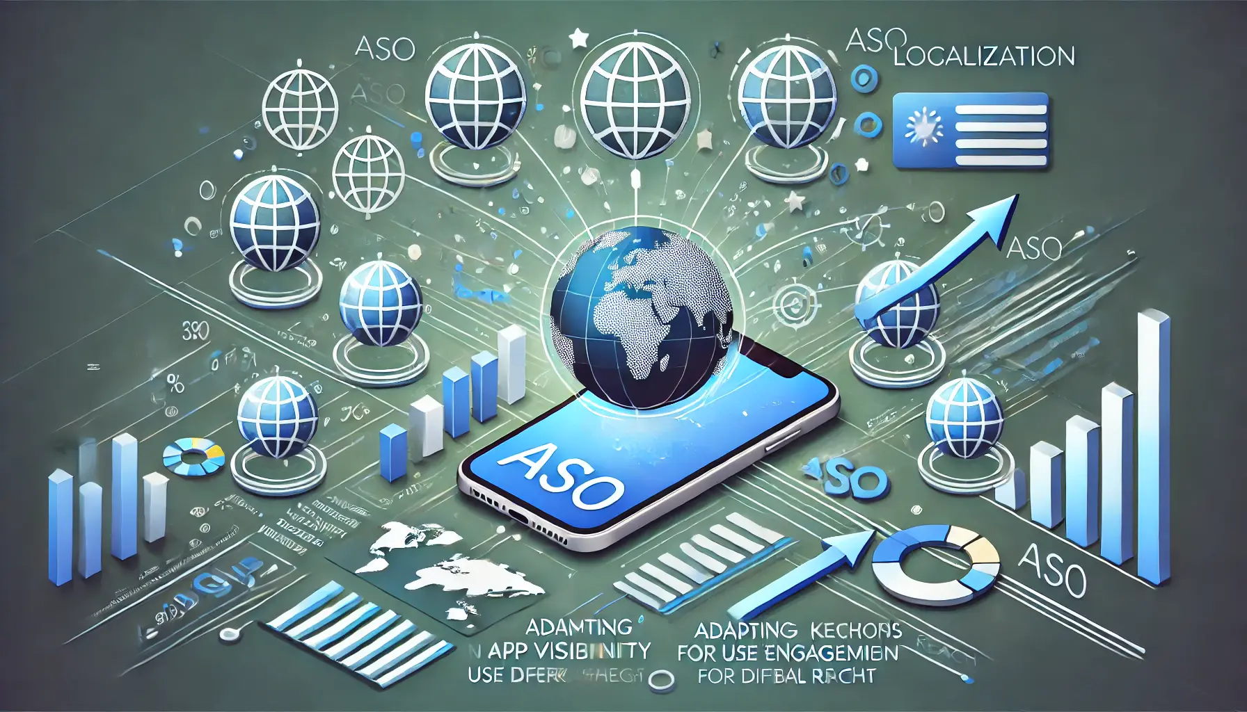 Abstract representation of the benefits of localization in ASO, featuring a mobile device connected to globe icons representing different regions