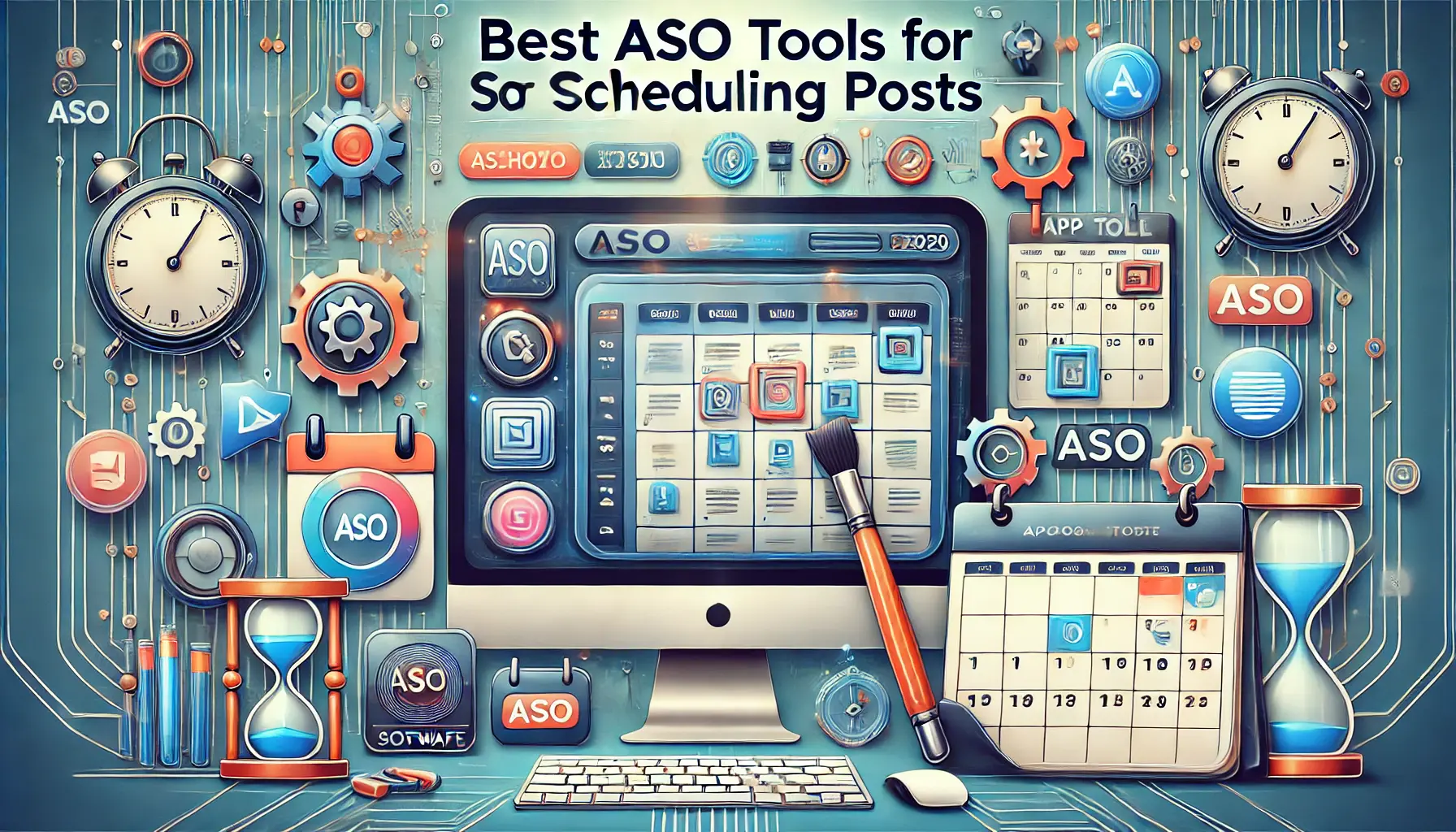 Illustration of ASO tools for scheduling posts with a digital dashboard, tool icons, and automated scheduling calendar