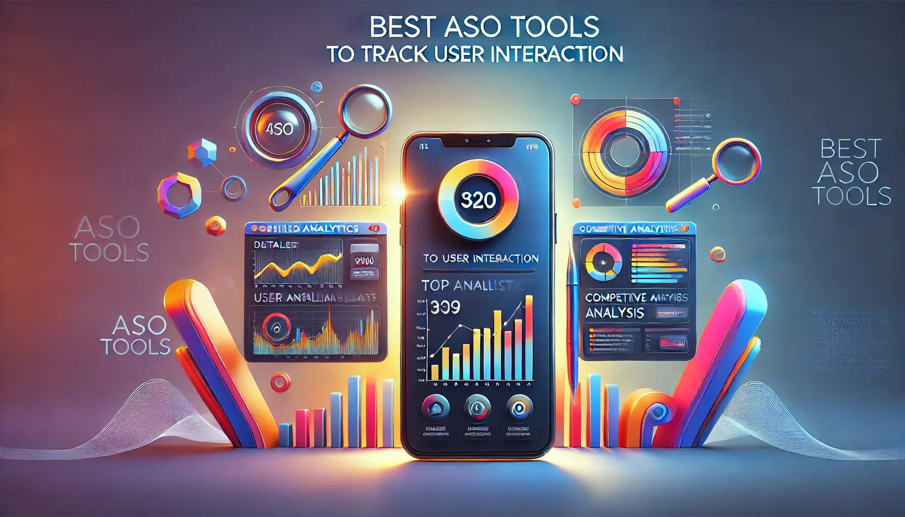 A smartphone displaying top ASO tools like analytics dashboards and interaction metrics, set against an abstract background symbolizing tracking and optimization.