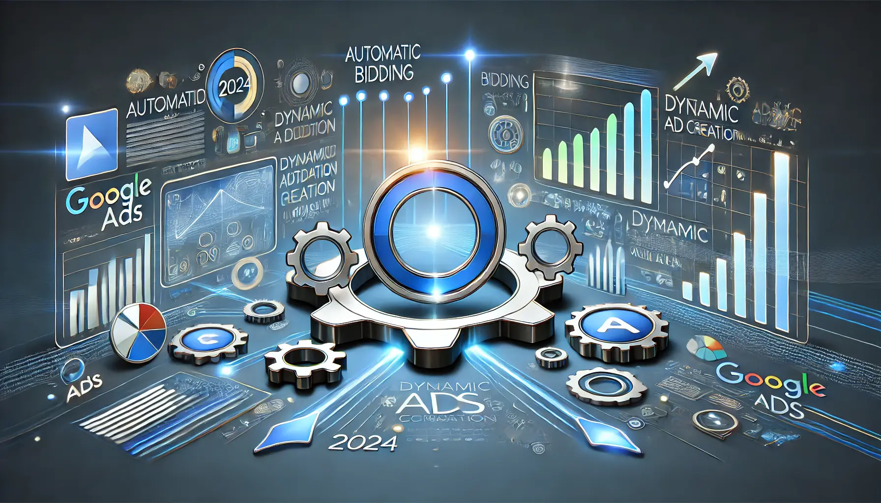 Digital illustration showcasing the top automation features in Google Ads for 2024, with elements like gears, dynamic ad generation, and AI algorithms optimizing campaigns.