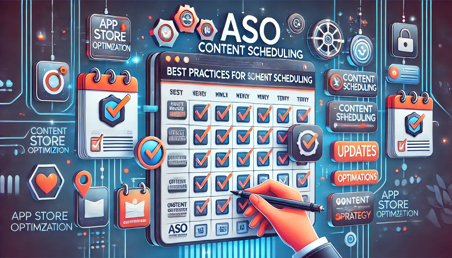 Visual representation of best practices for ASO content scheduling with a checklist, digital calendar, and app icons