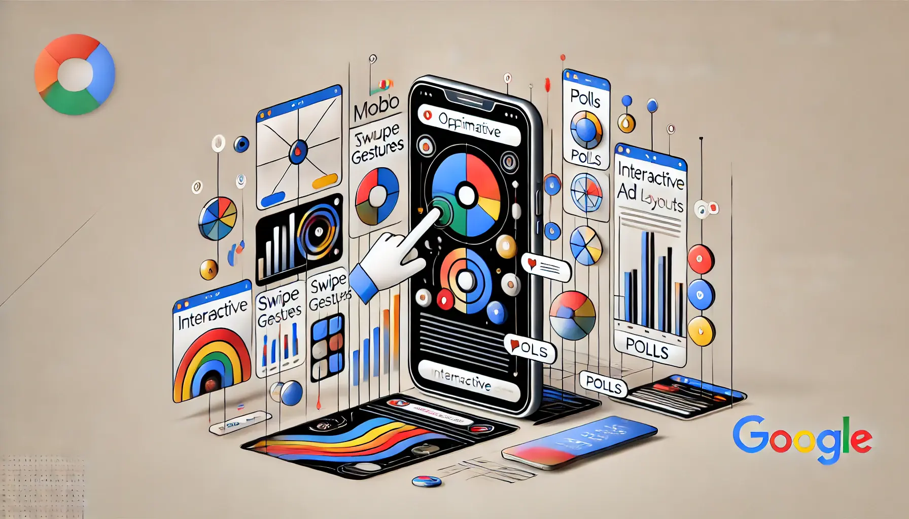 Abstract depiction of best practices for creating interactive Google ads, featuring mobile ad layouts, touch gestures, and user interaction elements.