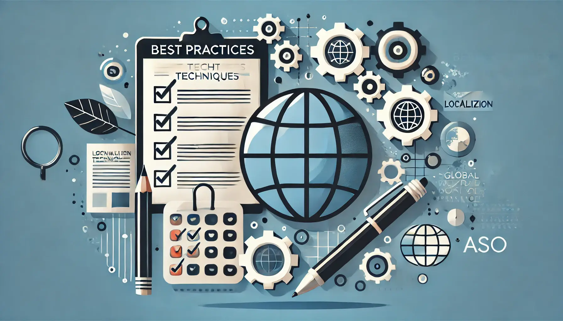 Checklist, gears symbolizing process efficiency, and a globe or world map indicating global application of best practices in localization.