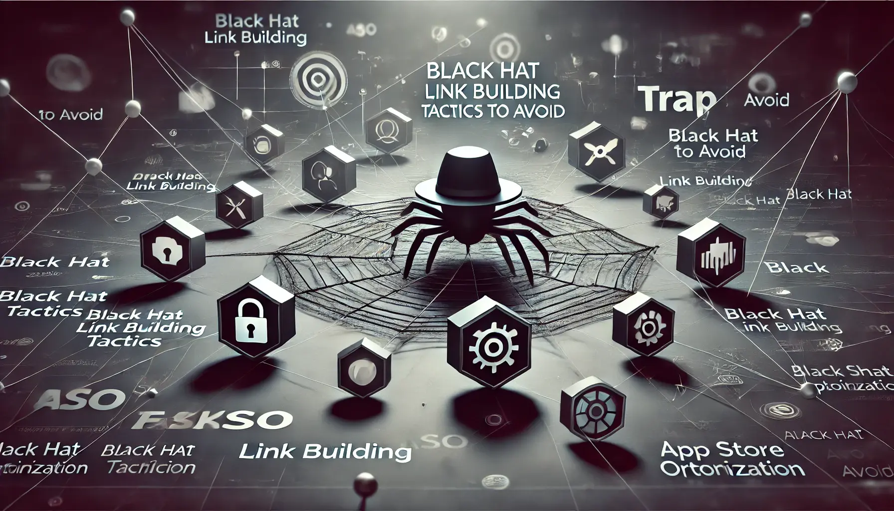 Abstract representation of dark or shadowy links, traps, or webs, symbolizing the unethical nature of black hat link building tactics.