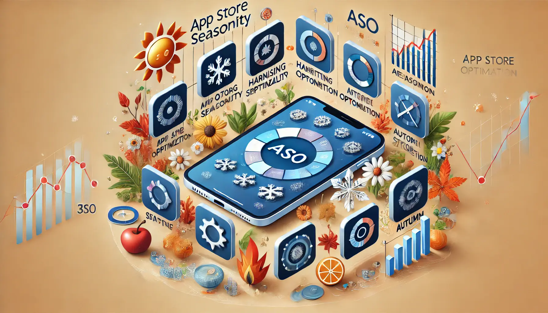 A well-optimized app store interface with app icons, charts, and graphs showing peak performance during different seasons, integrated with symbols like snowflakes, flowers, sun, and autumn leaves.