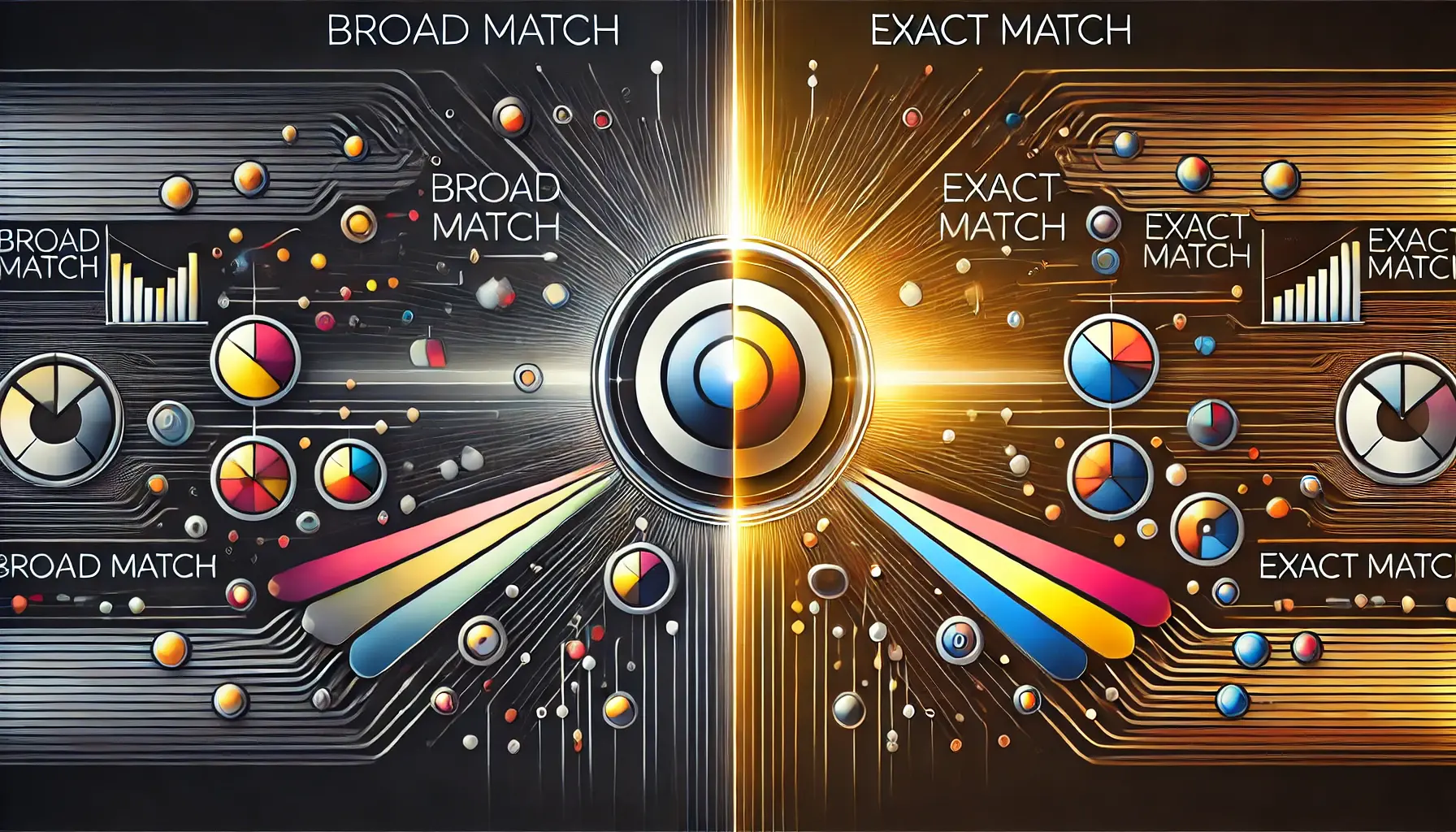 Abstract representation of the comparison between Broad Match and Exact Match, with distinct sections symbolizing broad reach and targeted precision in digital marketing.