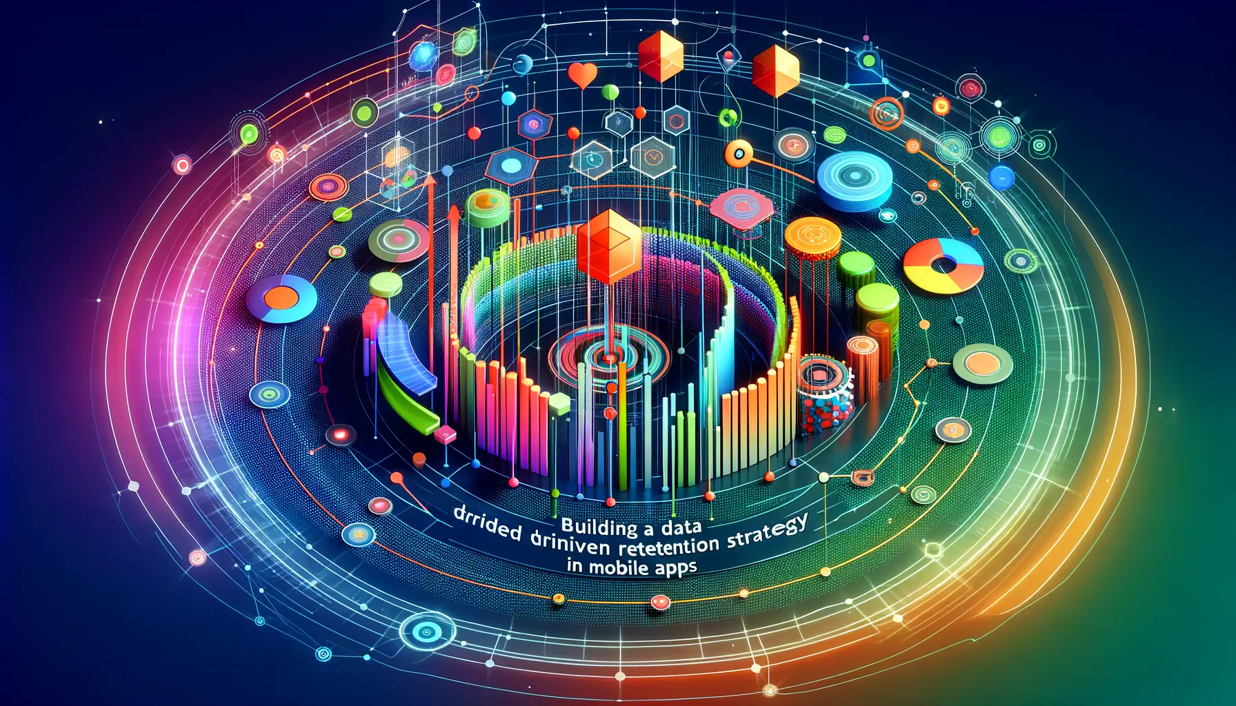 Abstract representation of building a data-driven retention strategy, featuring graphs, charts, and interconnected pathways symbolizing data analysis and improvement.