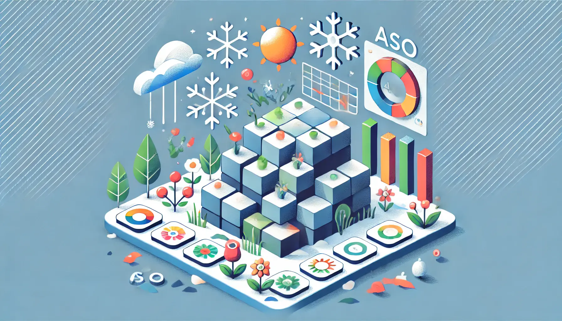 A solid foundation supporting app store elements like app icons, graphs, and charts, surrounded by symbols of the four seasons—snowflakes, flowers, sun, and autumn leaves.