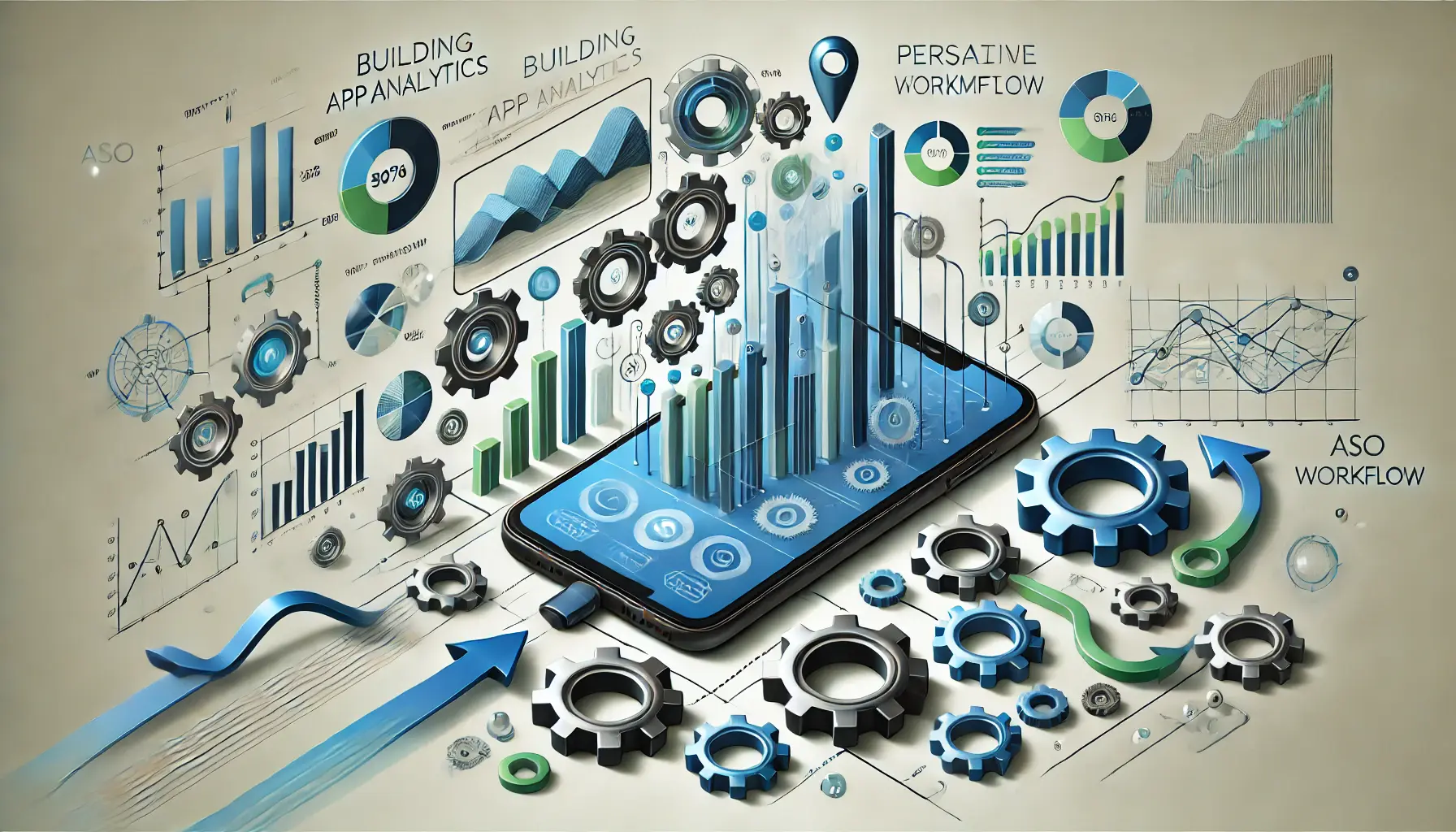 Abstract representation of building an ASO workflow, featuring a mobile device with app analytics, gears, and workflow charts