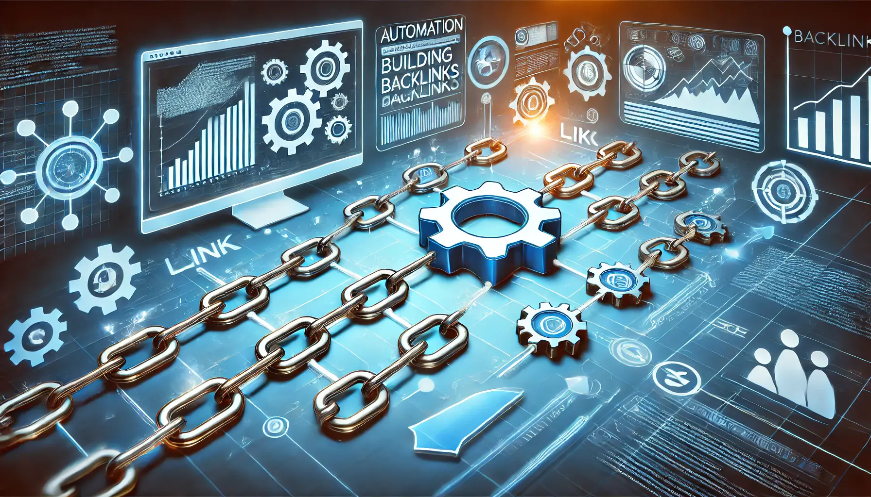 An image representing automated backlink building with interconnected chains, gears, and dashboards symbolizing the linking process across websites.