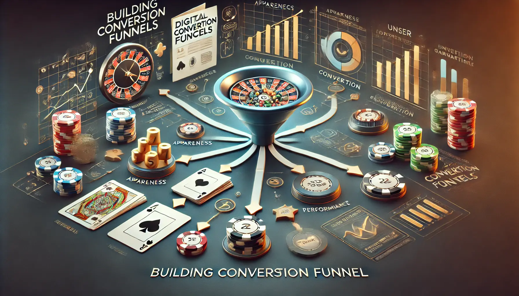 A funnel diagram showing user pathways from awareness to conversion, with graphs of user engagement, combined with subtle casino visuals like poker chips and roulette.