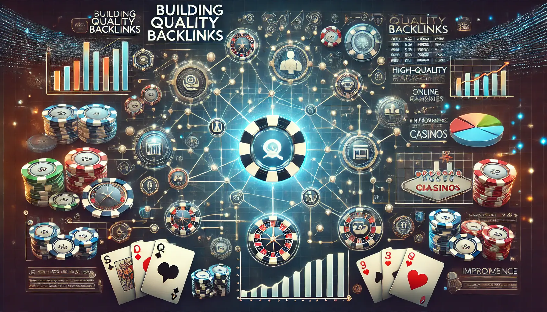 An image showing a digital web of connections with arrows linking websites and performance graphs, combined with subtle casino elements like poker chips and roulette.