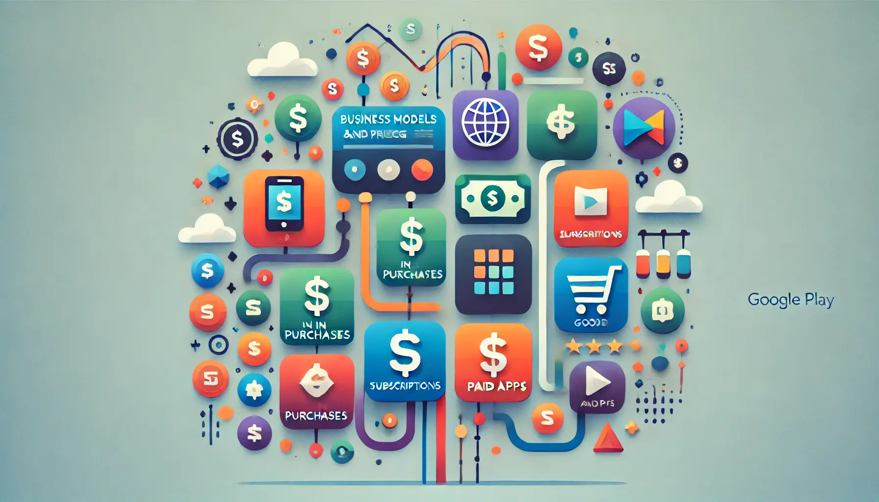 Abstract representation of business models and pricing strategies in mobile app development for the App Store and Google Play.