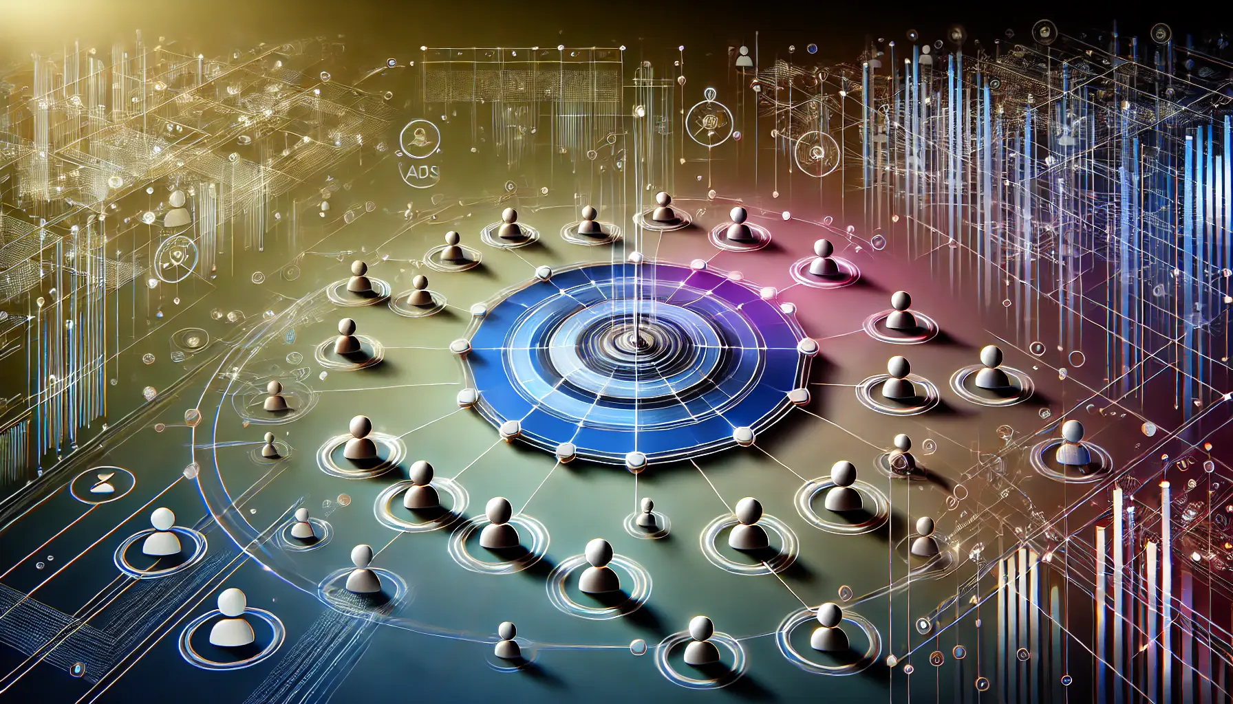 Abstract representation of audience segmentation with distinct sections connected by nodes and lines, symbolizing the division and targeting of different audience groups.