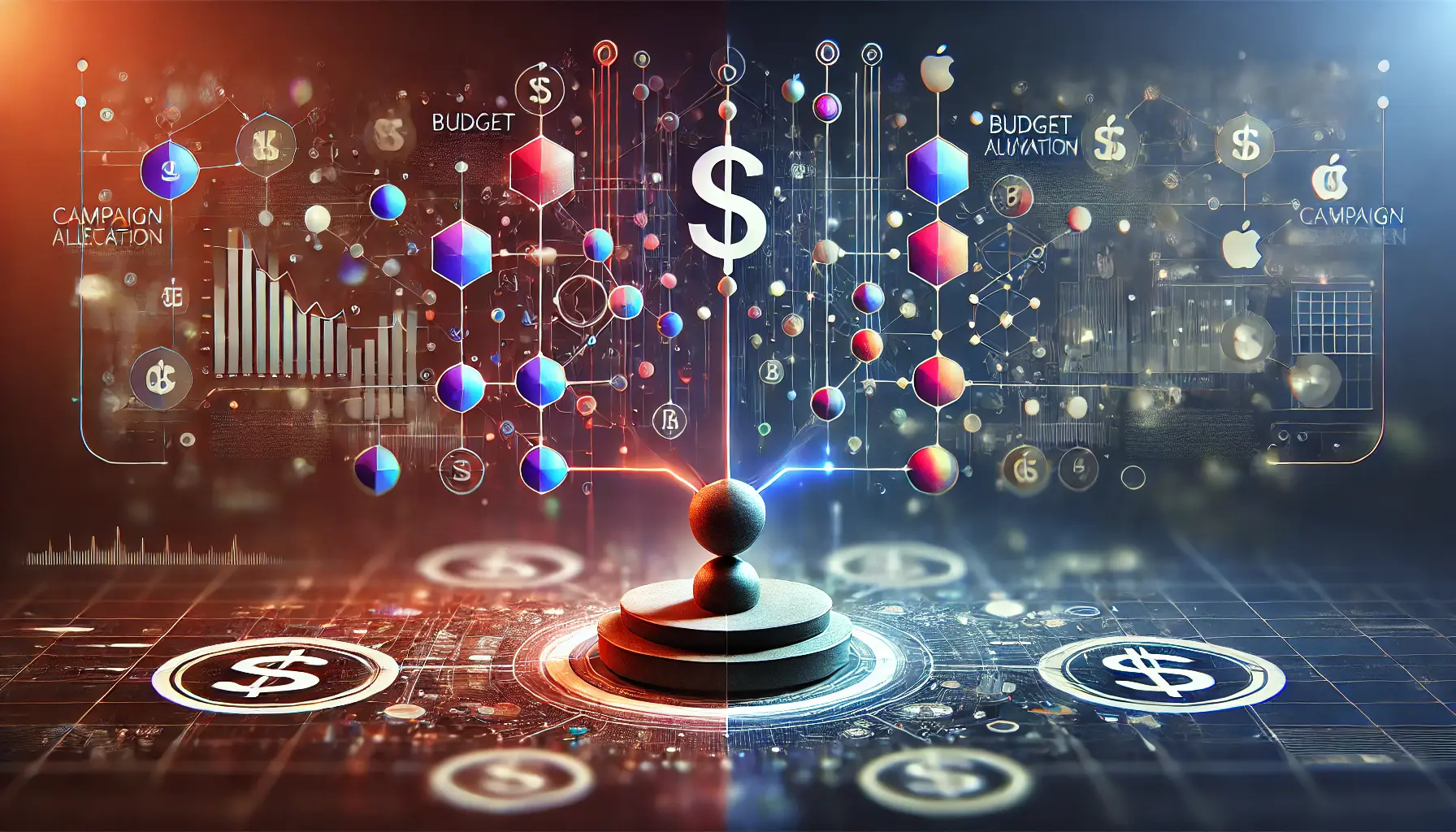 Abstract representation of budget allocation with balanced distribution of shapes, symbolizing resource and fund management in a digital marketing campaign.