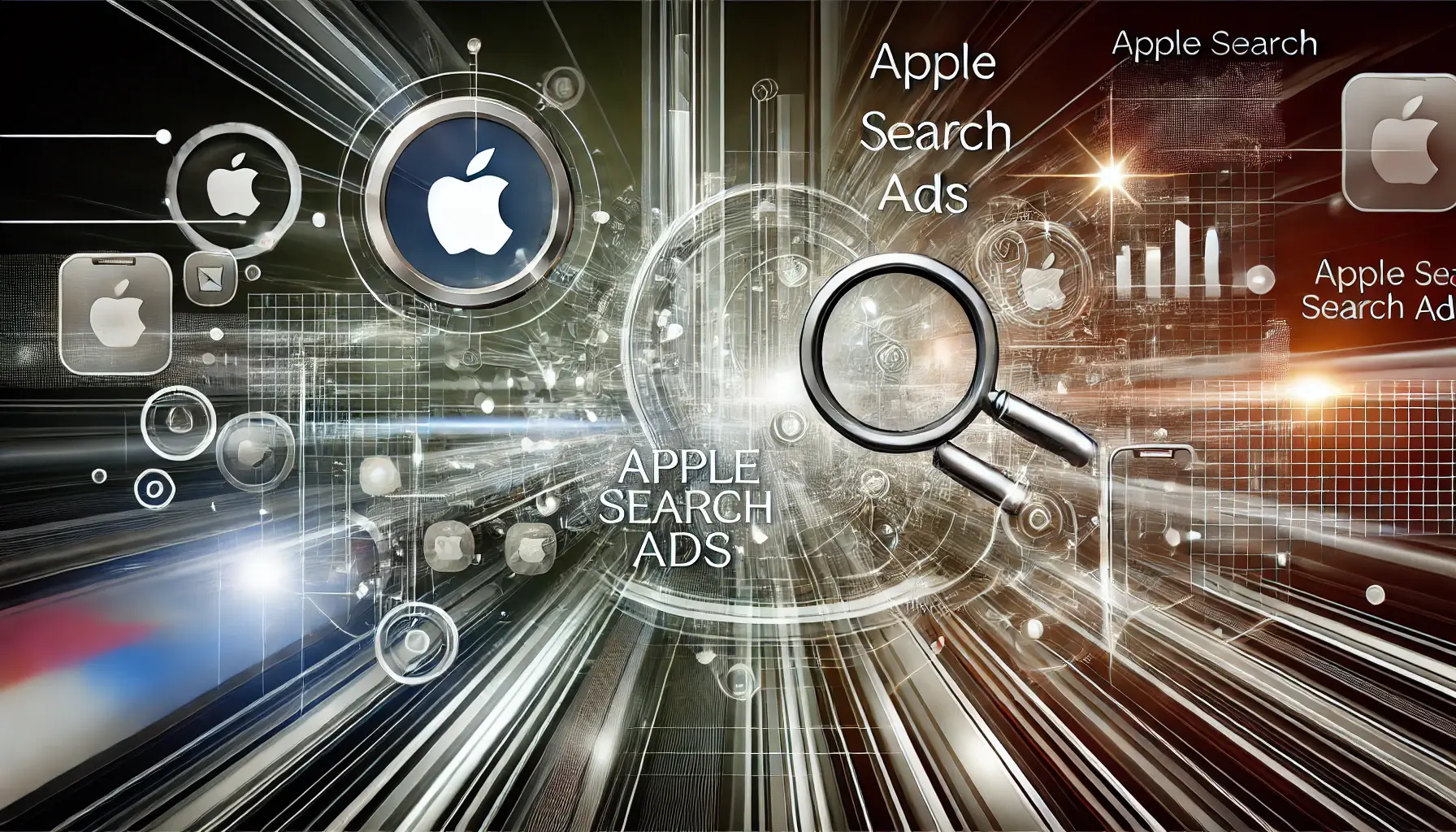 Abstract representation of digital marketing with data flow and digital connections, evoking Apple Search Ads and digital advertising strategies.