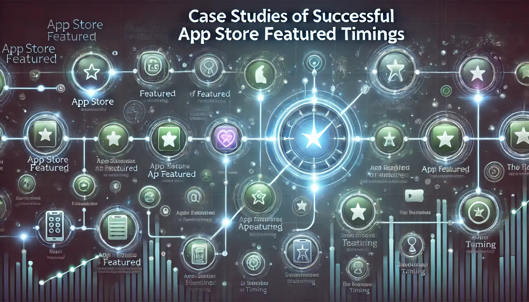 Abstract image representing successful App Store featured timings with timelines, app icons, and glowing highlights.