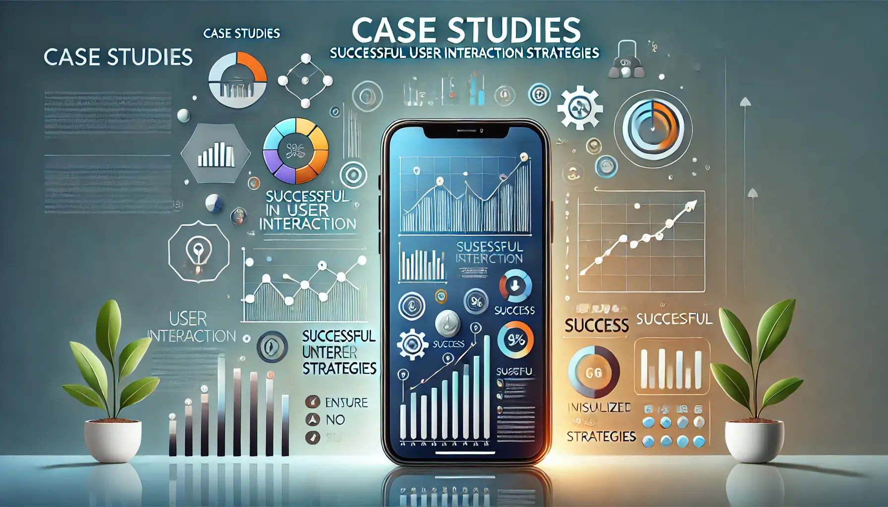 A smartphone displaying case study elements like charts showing positive trends in user interaction and success metrics, set against an abstract background symbolizing success and strategic planning.