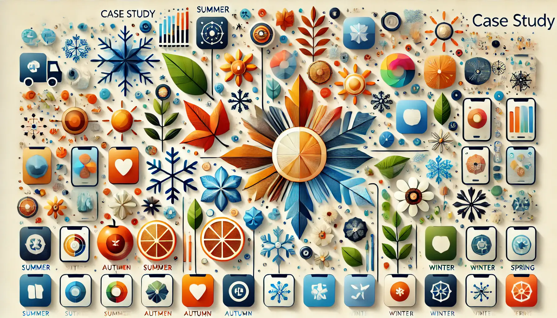 Abstract image representing a case study on seasonal features with elements symbolizing different seasons integrated into a digital app context.