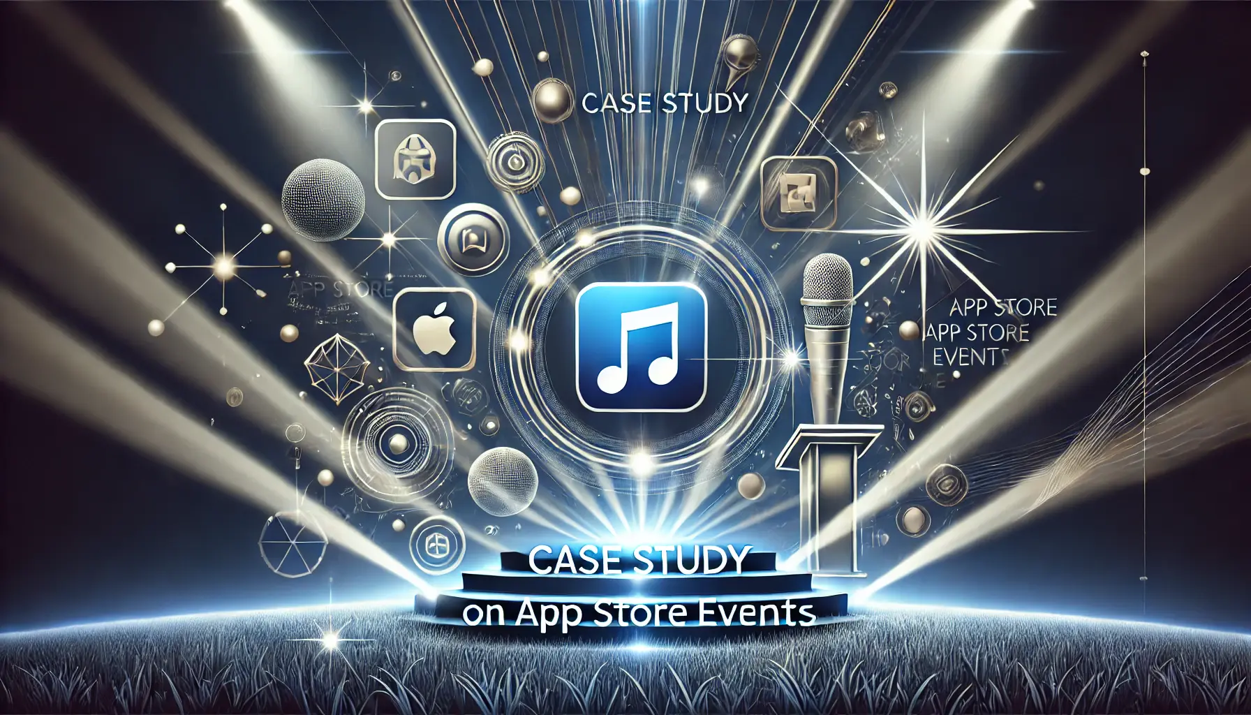 Abstract image representing a case study on major App Store events with app icons, spotlight effects, and a digital stage.