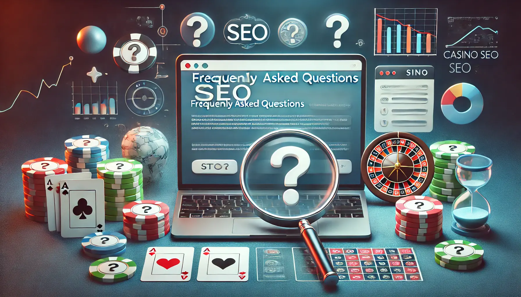 A casino-themed website with question marks, magnifying glass, and analytics tools, symbolizing FAQs about SEO.